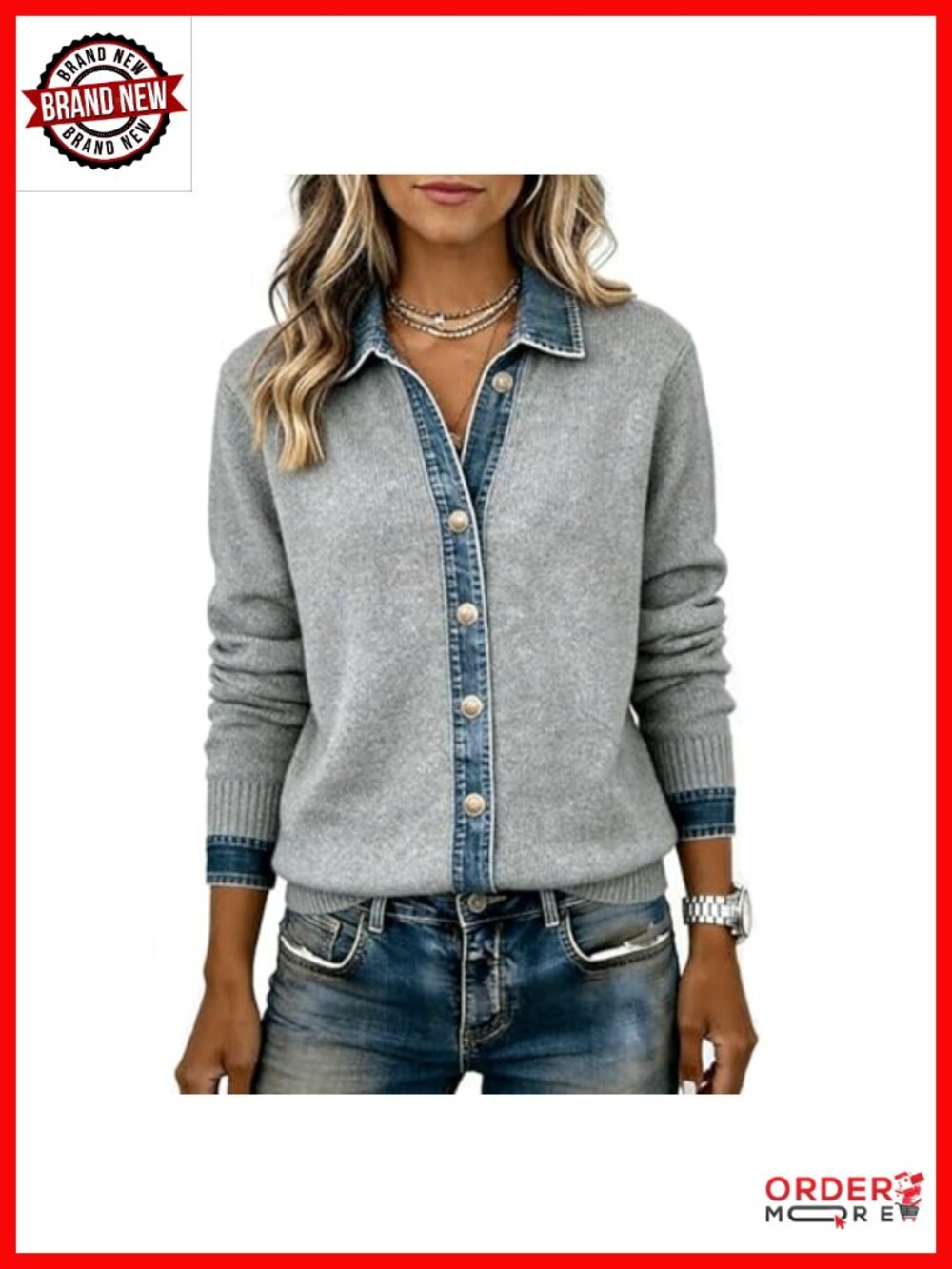 Denim Patchwork Trim Knit Cardigan Button Outerwear Long Sleeve